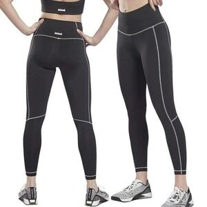 Reebok Core10 High Waisted Leggings Black Contrast Stitch Yoga 7/8 NWT